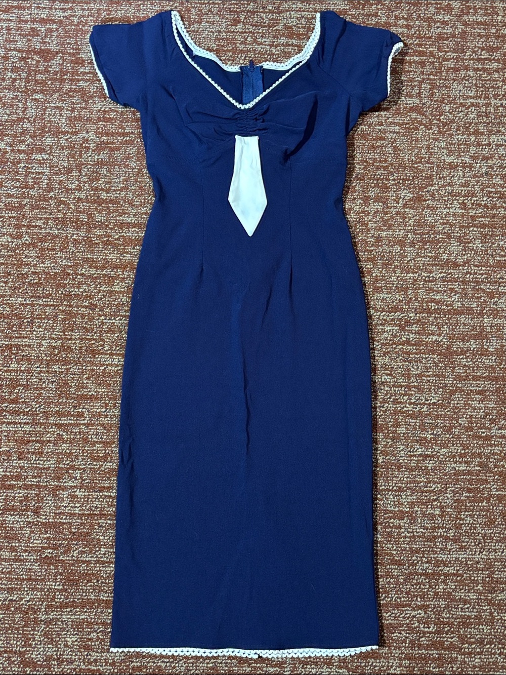 Vintage style‎ fitted stretch navy blue sailor dress eyelet trim tie detail Med